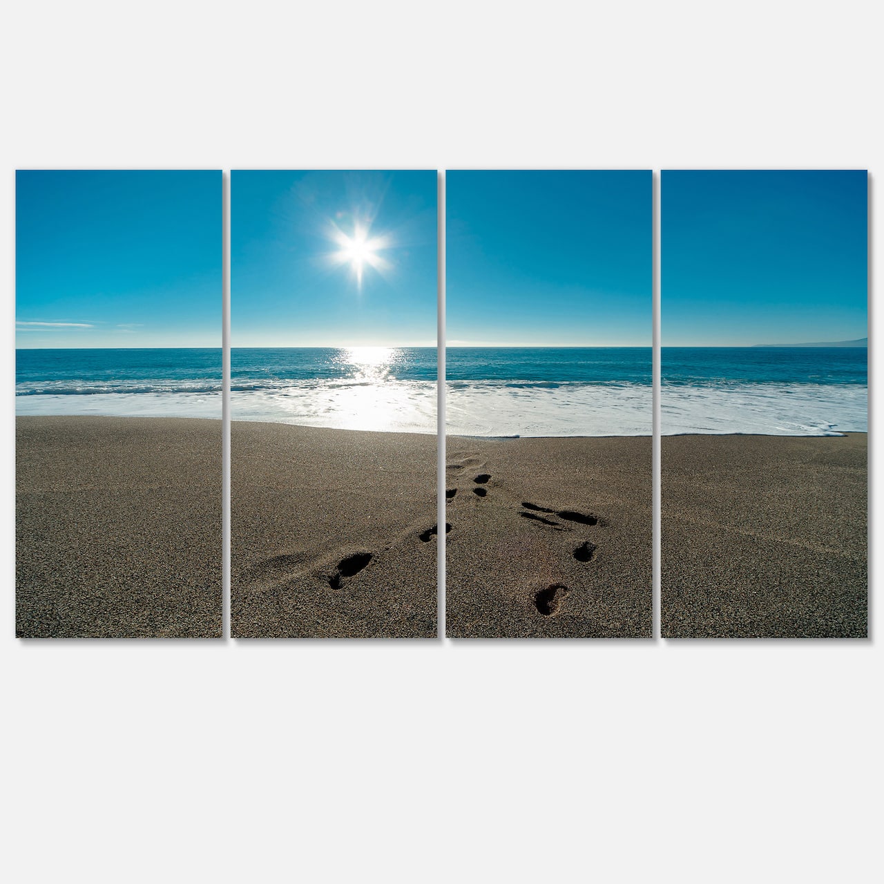 Designart - Blue Sea and Footprints in Sand - Large Seascape Art Canvas Print
